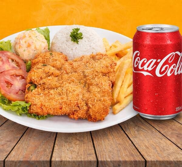 Filé de sobrecoxa empanada com fritas + Coca lata